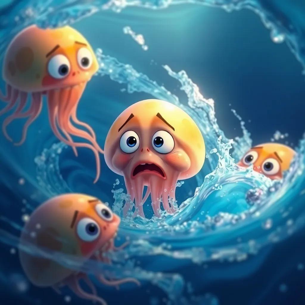 Jack the jellyfish looking scared as a strong current pulls him away from his friends, vivid blue water swirling around him, expressions of surprise and worry, detailed digital art, dramatic light