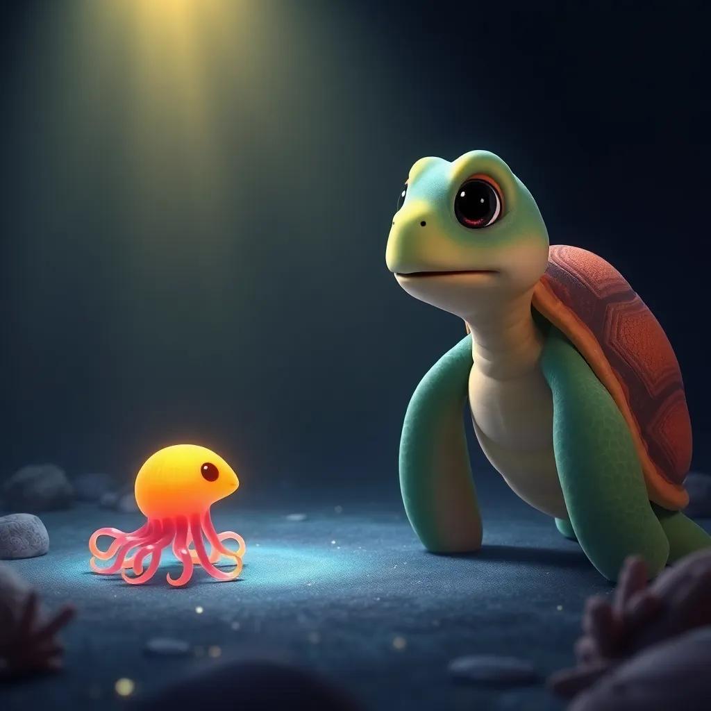 A friendly turtle with a wise look helping Jack the jellyfish find his way, glowing light shining in the dark water illuminating the surroundings, warm inviting colors, gentle scene