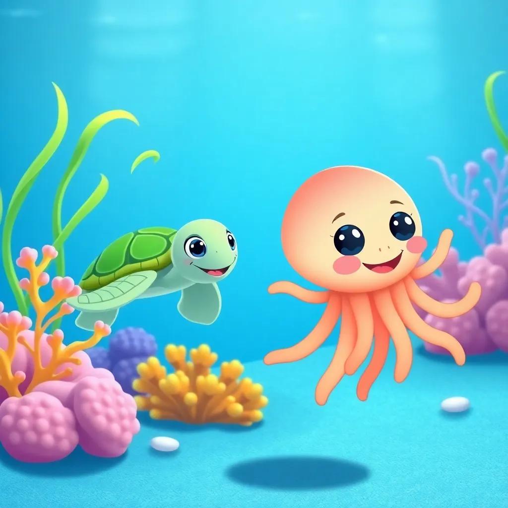 Jack the jellyfish following the turtle, swimming past pretty coral and waving seaweed, a friendly underwater landscape, bright colors, playful vibe, child-friendly