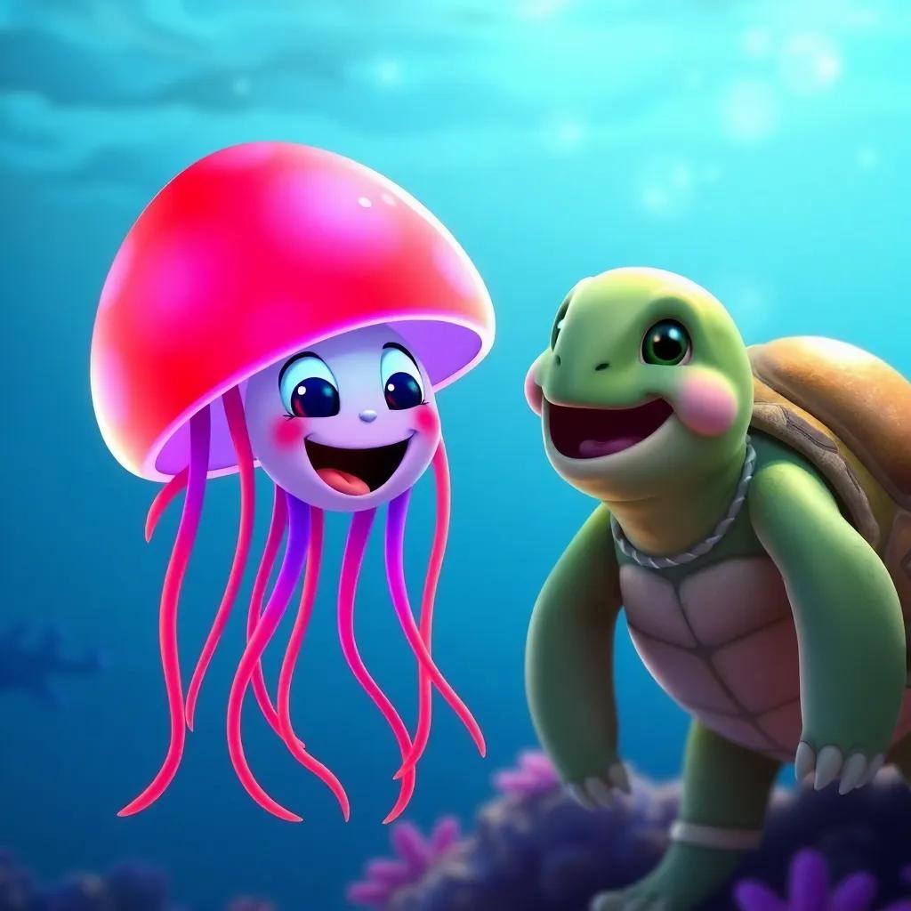 Jack the jellyfish boasting about his color-changing ability, showing off bright reds and blues, and making the turtle laugh in admiration, lively colors, joyful expressions