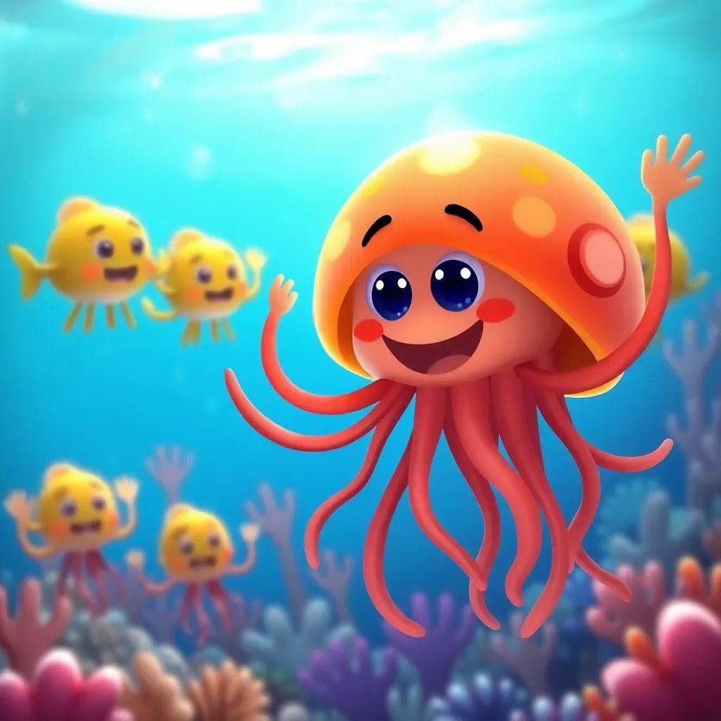 Jack the jellyfish happily returning to his friends, who are excitedly waving in a colorful part of the ocean, joyful reunion atmosphere, bright colors, heartwarming scene