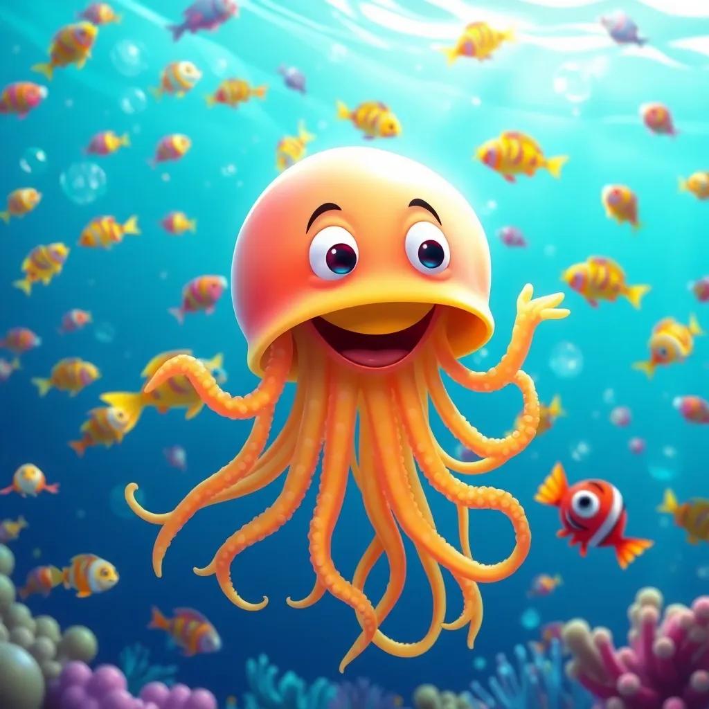 Jack the jellyfish with colorful fish around him, all swirling together in a joyful ocean dance, bright and lively colors, happy scene, digital art, uplifting