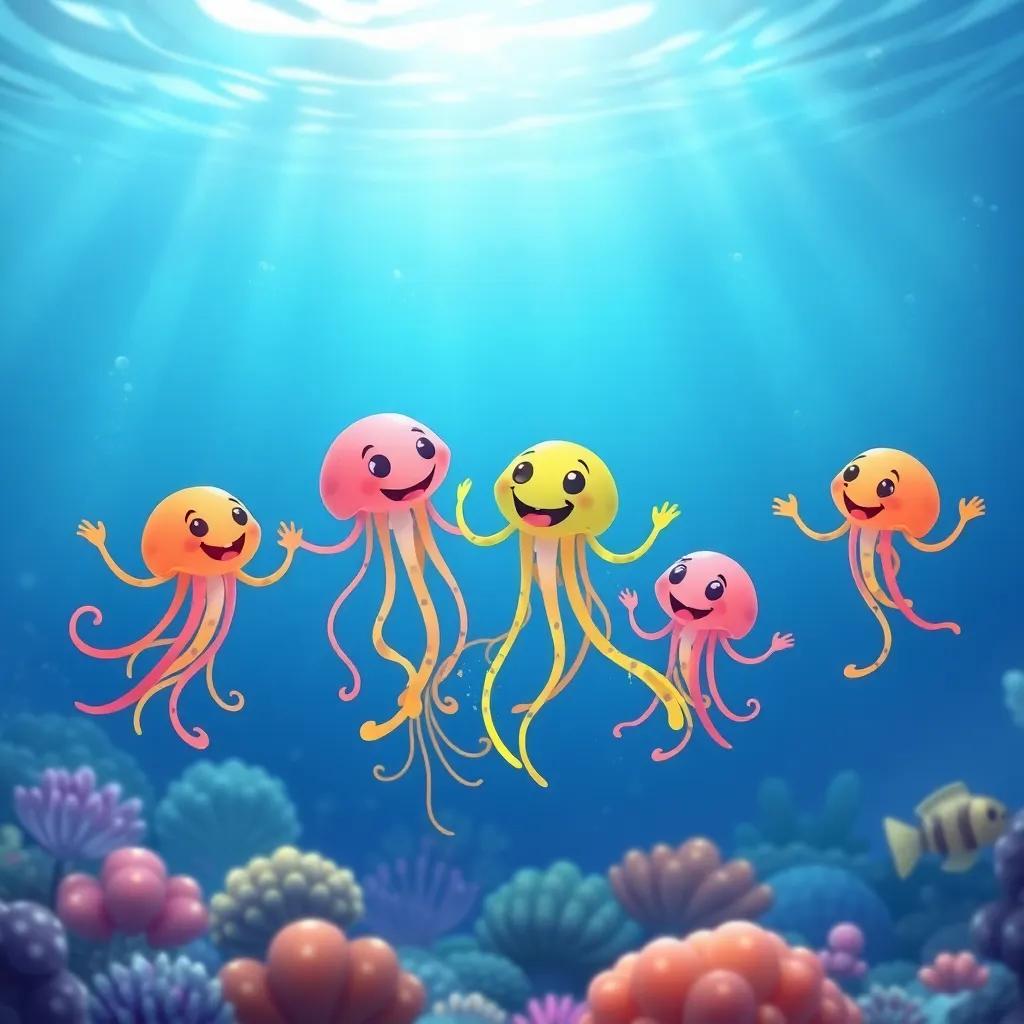 Jack the jellyfish and his friends dancing happily in the ocean, together creating a beautiful underwater harmony with colors and joy, vibrant colors, cheerful atmosphere, child-friendly