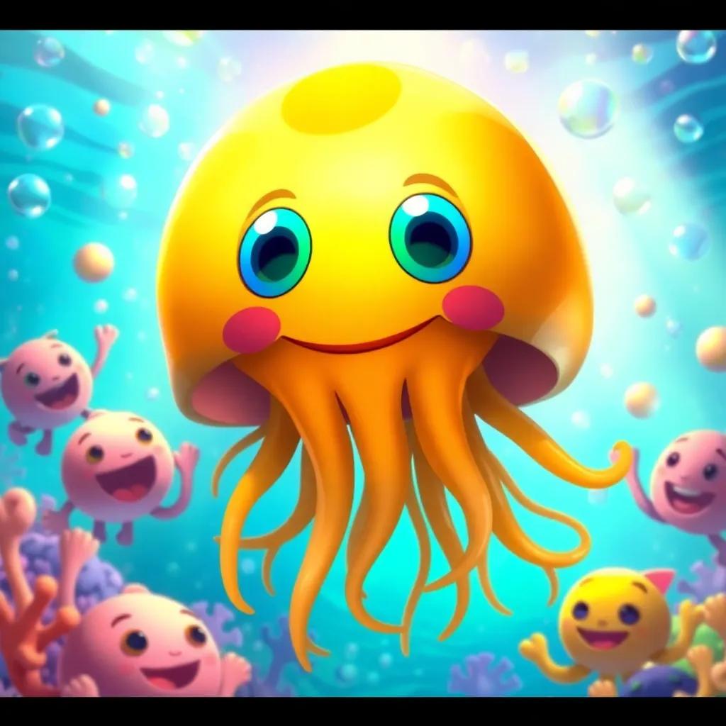 Jack the jellyfish surrounded by friends, in a playful underwater party, bright bubbles and swirling colors filling the scene, joyful expressions, enchanting ocean backdrop, digital art, colorful and inviting