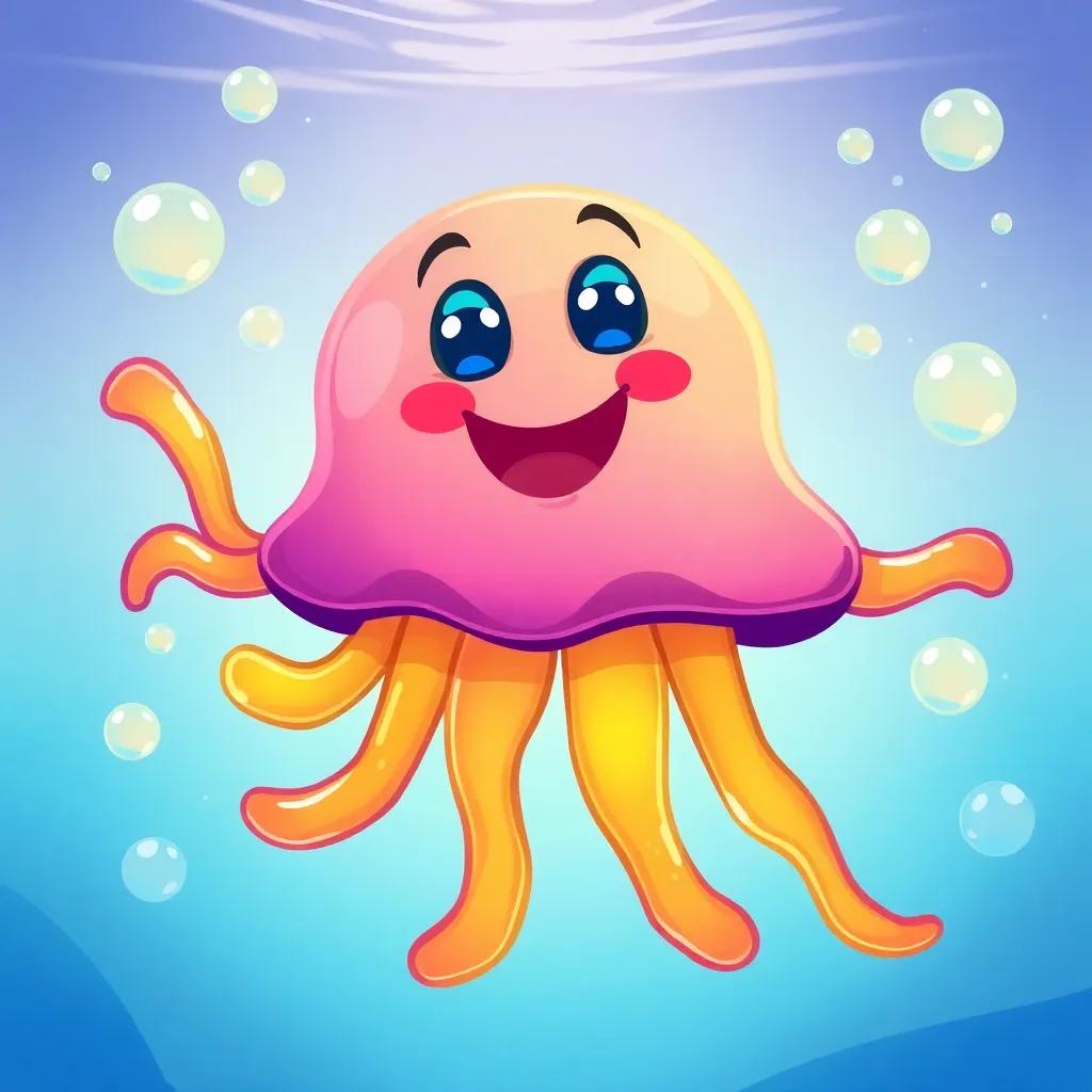 A happy jellyfish named Jack, with bright colors, floating in clear water, with playful bubbles around, digital art, vibrant colors, cheerful atmosphere, high quality