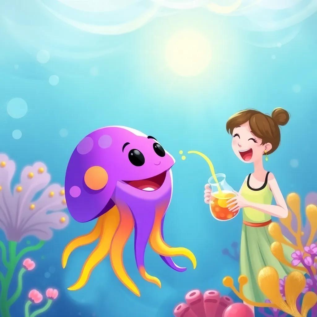Jack, a colorful jellyfish, with his mom nearby, pouring apple juice from a jug, giggling, in a sunny underwater scene, digital painting, lively colors, joyful mood