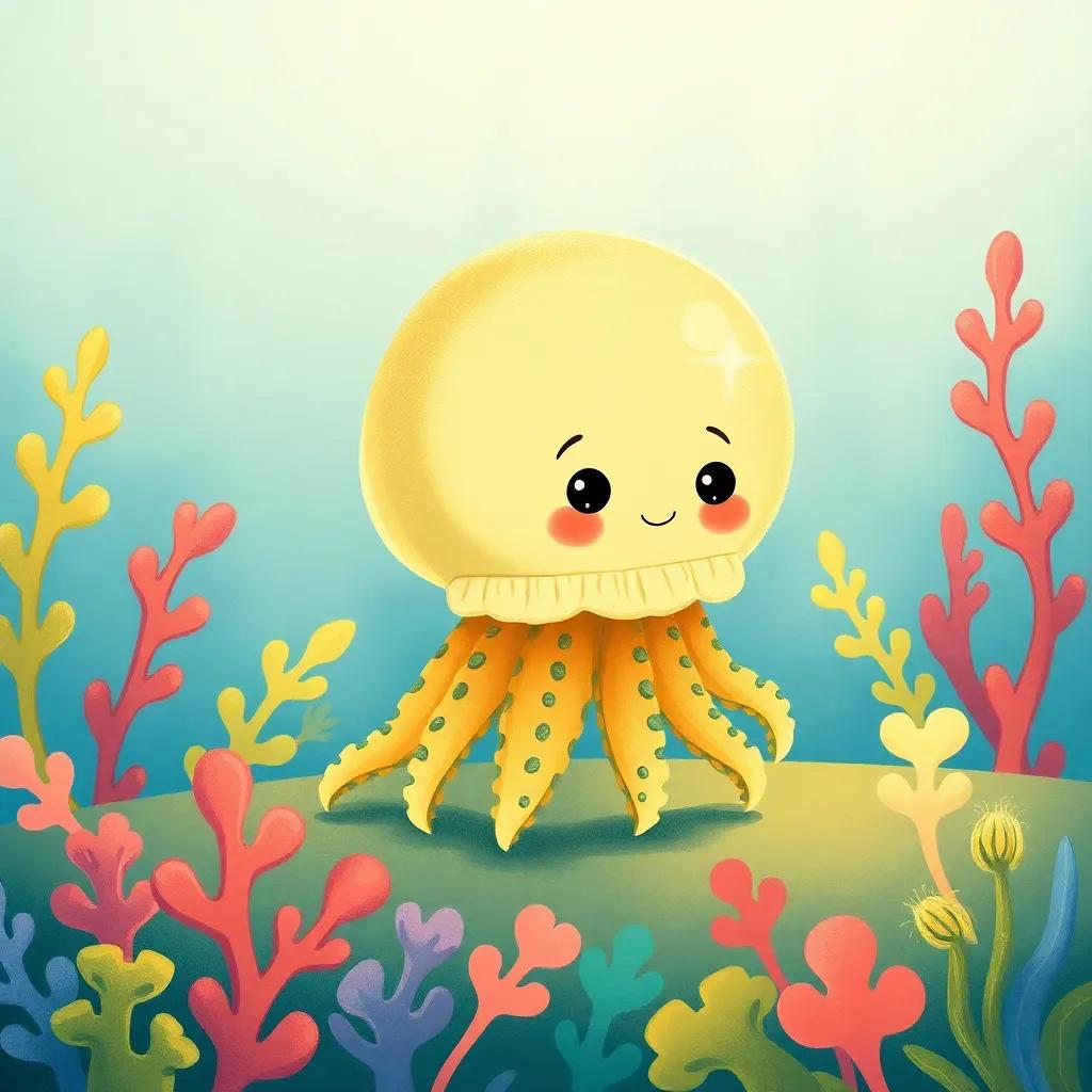 Jack, the jellyfish, wearing a little jacket made of sea foam, ready to eat at a seaweed table, surrounded by colorful ocean plants, warm light, cute and engaging