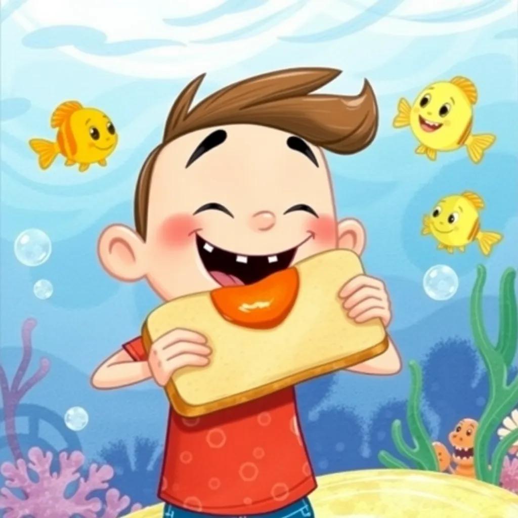 Jack, enjoying a sandwich, smiling widely with jelly and jam, with Bubbles, the pet fish, swimming around excitedly, colorful underwater background, delightful scene