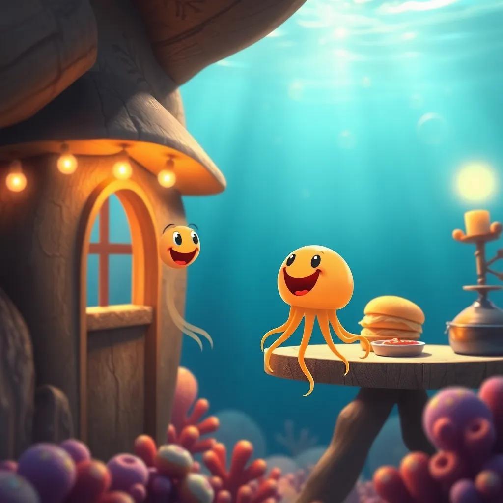 Jack the jellyfish, eagerly swimming to his home, where his mom is preparing a jelly sandwich, cheerful underwater scene, warm light, inviting ambiance, high quality