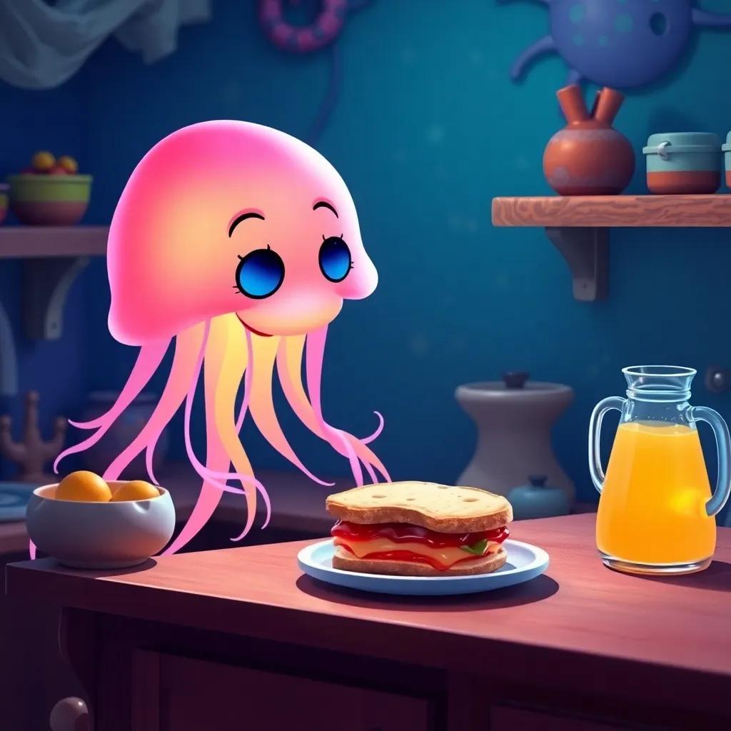 Jack’s mom, a gentle jellyfish with a soft glow, serving a jelly and jam sandwich and apple juice in a jug, colorful underwater kitchen, cozy details, bright colors, high quality