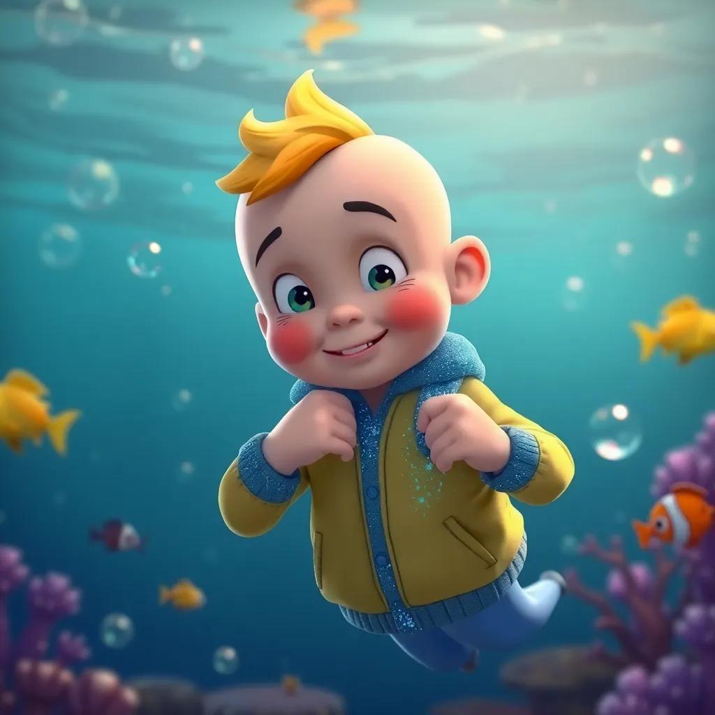 Jack trying to figure out how to put on a tiny blue sparkly jacket, looking playful and curious, underwater scene with bubbles, colorful fish, whimsical, high quality