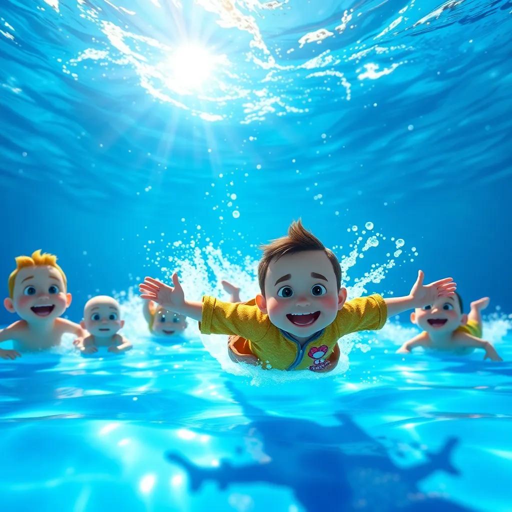 Jack swimming outside with his friends, wearing a sparkly jacket, playing tag in bright blue water, sun shining through, lively atmosphere, high quality