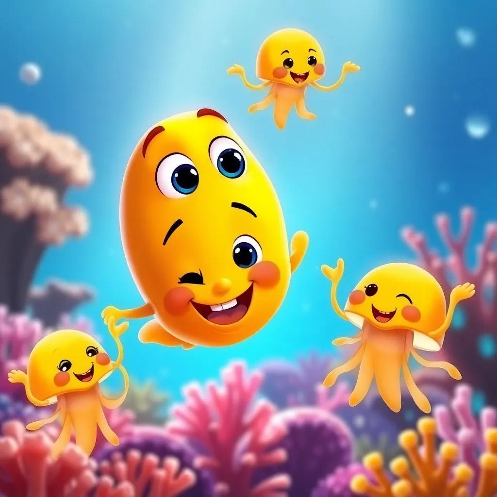 Jack’s friends, playful jellyfish, cheering while swimming around him, colorful coral in the background, happy expressions, cheerful light, high quality