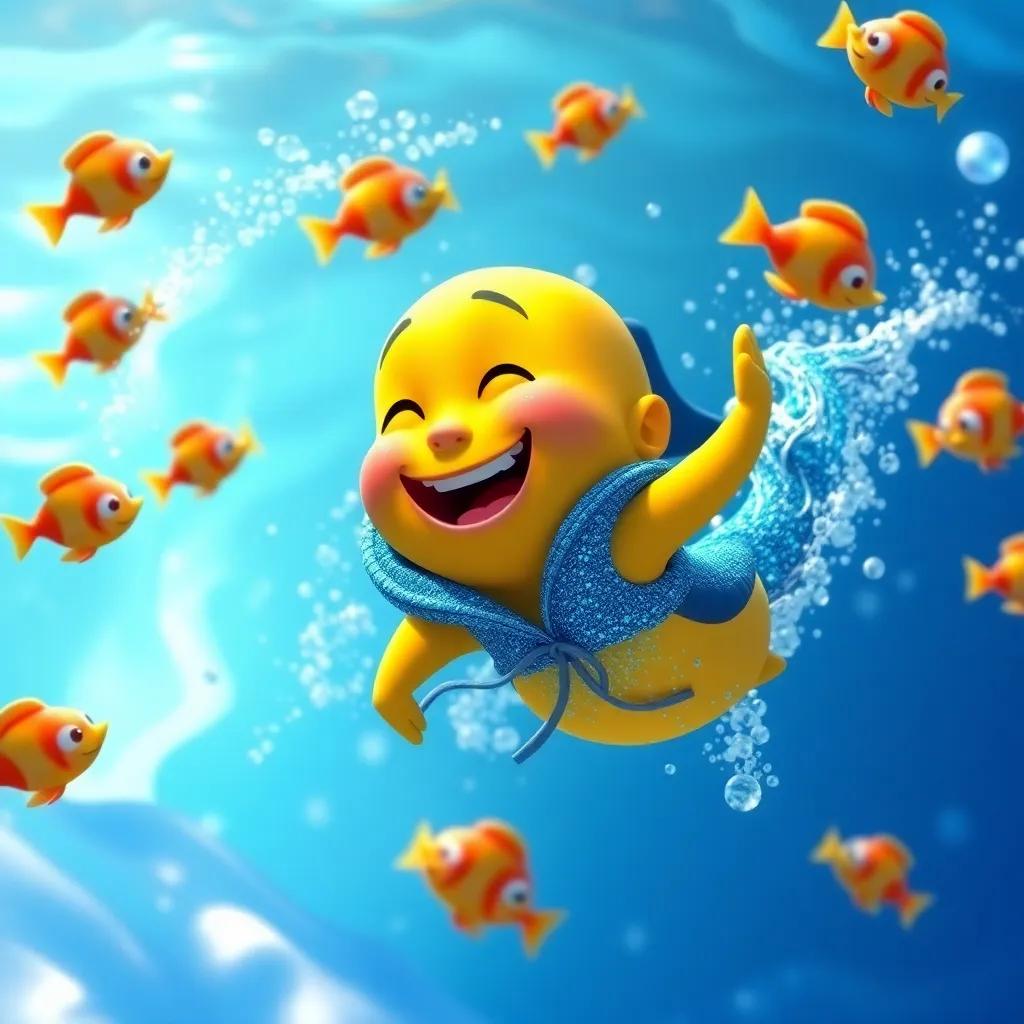 Jack’s playful scene where he laughs and swims faster in the water, showing his blue sparkly jacket swaying behind, bright colorful fish watching, joyful environment, high quality
