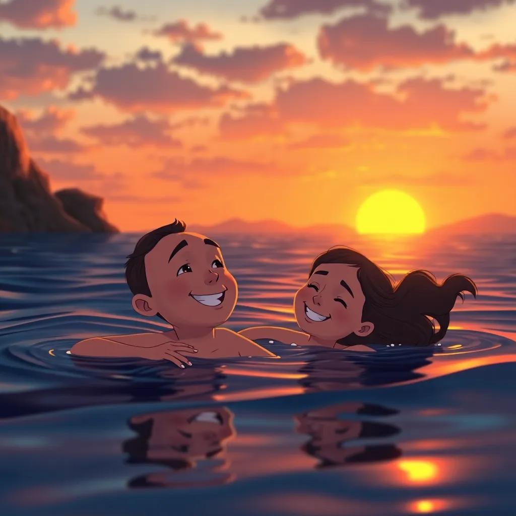 Jack and his mom swimming home together at sunset, warm colors, cozy vibe, gentle light, happy expressions, high quality