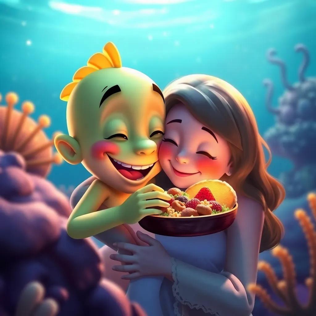 Jack feeling grateful for his yummy lunch, hugging his mom, the warm glow of friendship in the underwater setting, sweet atmosphere, colorful details, high quality