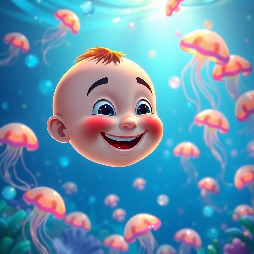 Jack feeling happy and loved, the underwater world buzzing with life, jellyfish and fish shapes dancing in the water, colorful and bright colors, high quality
