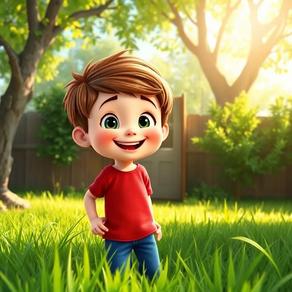 Jack, a happy boy with short brown hair, wearing a red t-shirt and blue jeans, discovering a hidden door in his backyard surrounded by lush green grass and trees, cheerful sunlight, digital art, vibrant colors, playful atmosphere, inviting imagery