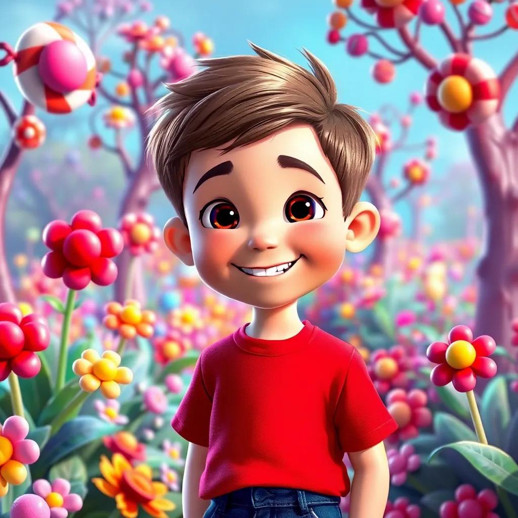 Jack, a happy boy with short brown hair, wearing a red t-shirt and blue jeans, standing in a colorful garden filled with candy plants, bright flowers made of candy, magical trees with gumdrops, whimsical scenery, digital painting, lively colors, enchanting feel