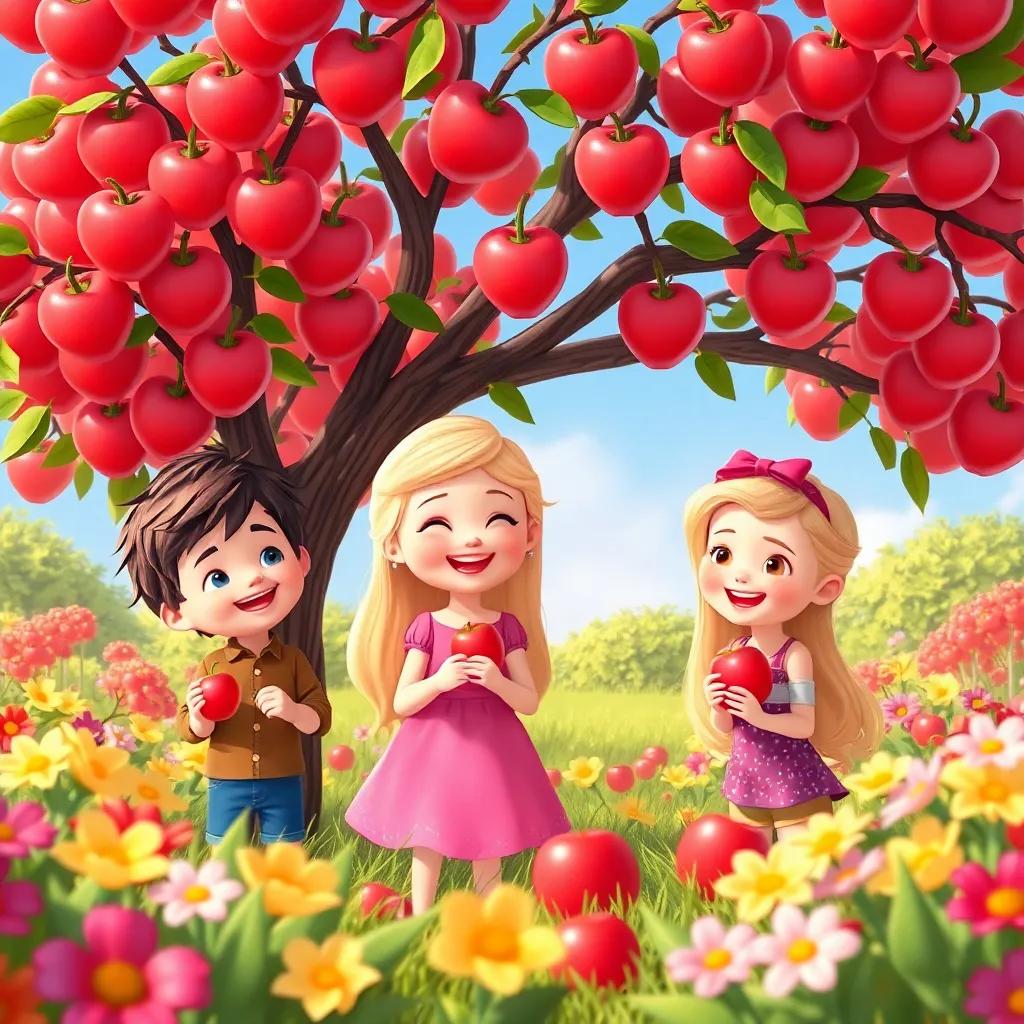 Jack and his friends, including Emma with long blonde hair in a pink dress, joyfully picking candy apples under a candy apple tree, surrounded by colorful flowers and sunny blue sky, joyful expression, illustration, cheerful vibe, child-friendly