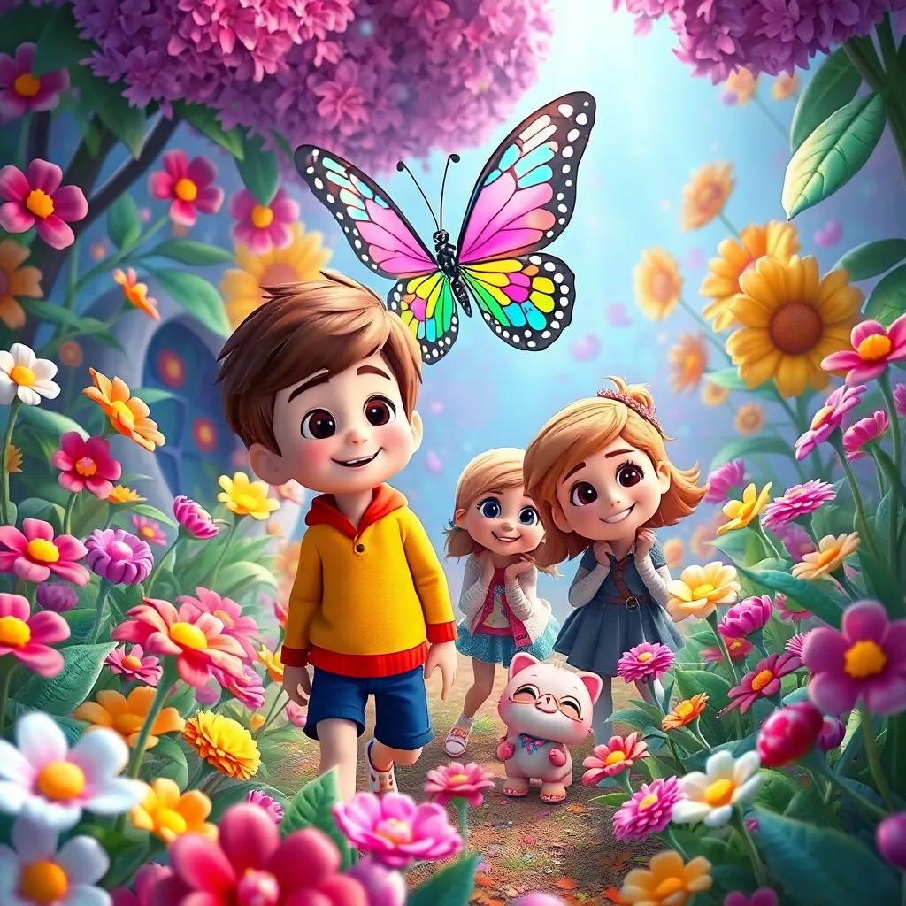 Jack, Emma, and their friends, curiously following a rainbow-winged butterfly through the candy garden, colorful flowers and candy plants all around, happy faces, digital art, vibrant and lively, adventurous atmosphere