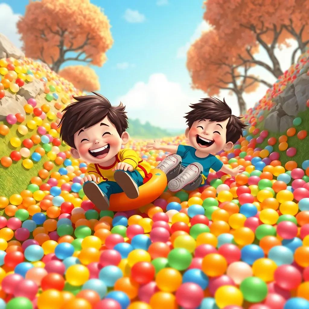 Children rolling down a gumdrop hill covered in colorful gumdrops, laughter and joy on their faces as they tumble down in a sunny landscape, heartwarming scene, illustration, bright and fun, child-friendly