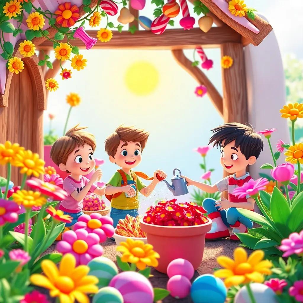 Jack and his friends taking care of the magical candy garden, watering candy plants and enjoying a sunny day, surrounded by colorful flowers and sweet plants, cheerful imagery, digital art, vibrant and engaging