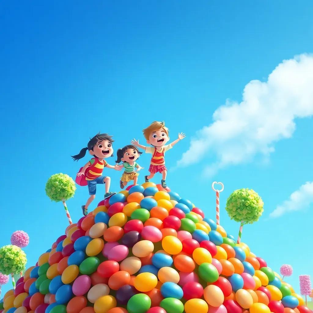 Children climbing up a tall hill made of gumdrops, with bright blue sky and candy trees around them, excitement on their faces, illustration, imaginative and fun, child-friendly