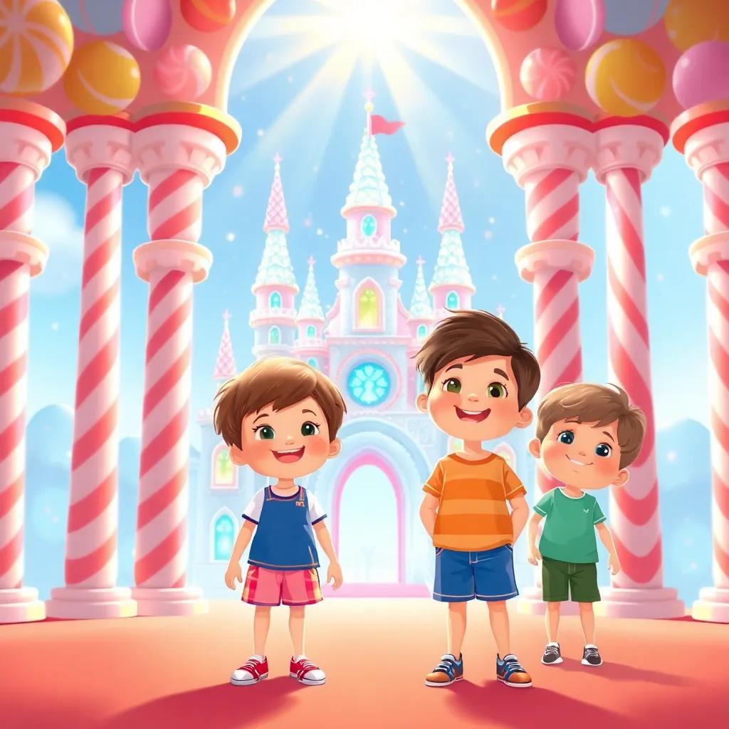 Children standing before a sparkling candy castle, with candy columns and whimsical features, bright colors reflecting sunlight, joyful expressions, illustration, magical and inviting, child-friendly