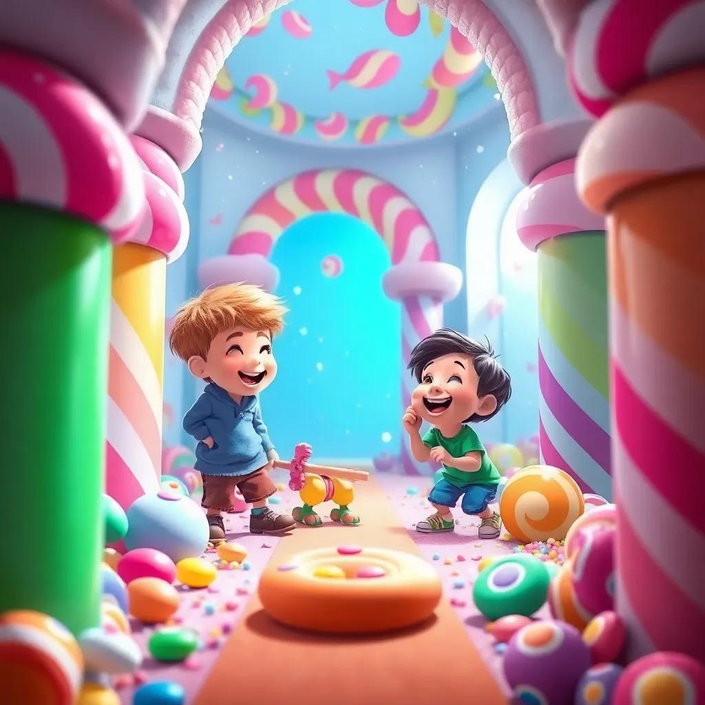 Children playing hide and seek inside the candy castle, surrounded by delicious candy columns and rainbow sweets, laughter filling the air, digital art, vibrant colors, whimsical and joyful