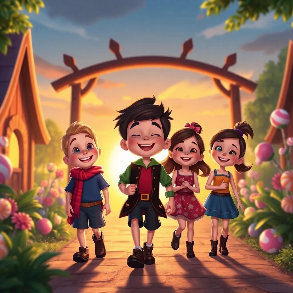 Jack and his friends sharing a moment of joy as they leave the candy garden, glowing sunset behind them, smiles on their faces, warm and friendly, illustration, heartwarming and inviting