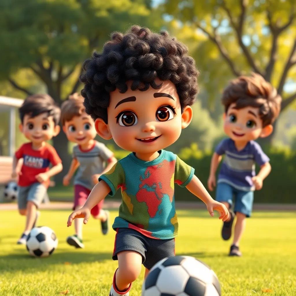 A little boy named Jaden, with short curly hair and bright eyes, wearing a colorful t-shirt and shorts, playing soccer at a sunny park with his two older brothers, cheerful atmosphere, digital art, vibrant colors, inviting setting, high quality