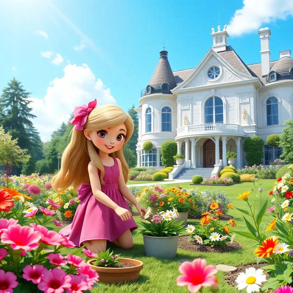 A young girl, Jade, with long blonde hair, wearing a pink dress, planting flowers and designing a beautiful garden next to her mansion, bright sunny day, colorful, joyful, picturesque scene, high quality
