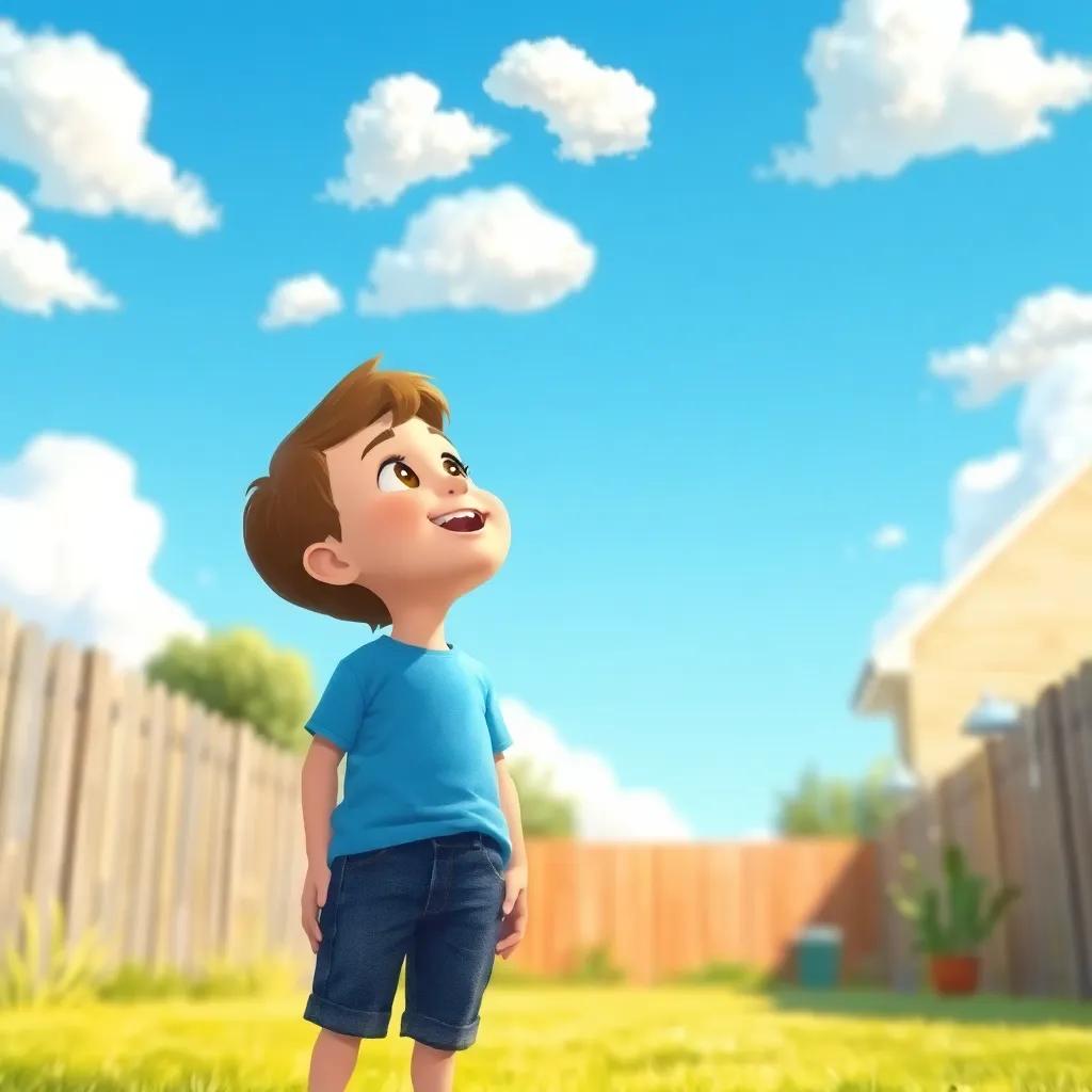 A young boy, Jake, with short brown hair wearing a blue t-shirt and jeans, standing in his backyard, looking up at the clouds with excitement, warm sunlight, bright blue sky, cheerful atmosphere, digital art, child-friendly, high quality