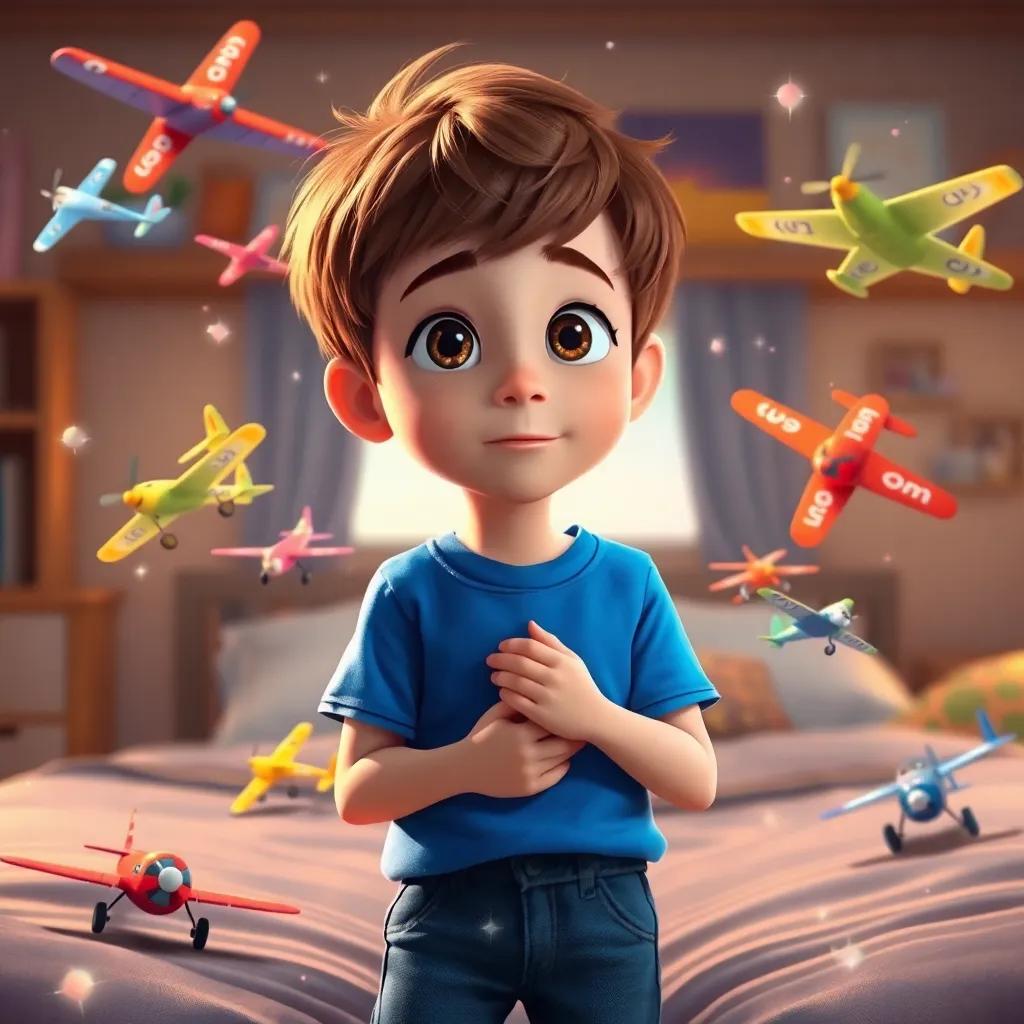 A young boy, Jake, with short brown hair wearing a blue t-shirt and jeans, surrounded by colorful model airplanes in his bedroom, dreaming with sparkles around him, soft lighting, warm colors, imaginative mood, digital art, enchanting feel, high quality