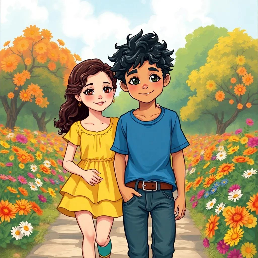 A young boy, James, with short, curly black hair, wearing a blue t-shirt and jeans, walking with a girl named Mia, who has long, curly brown hair and a yellow dress, in a colorful park filled with flowers, illustration, cheerful, bright colors, adventurous vibe, high quality