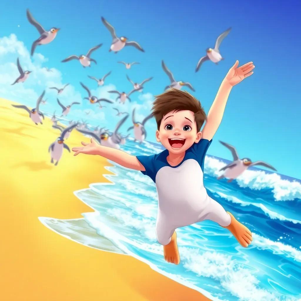 A group of colorful flying penguins, soaring above a sunny beach with golden sand, blue waves crashing, James, a young boy with short brown hair in a blue t-shirt, jumping joyfully, stunning colors, cheerful scene, illustration, high quality, adventure theme