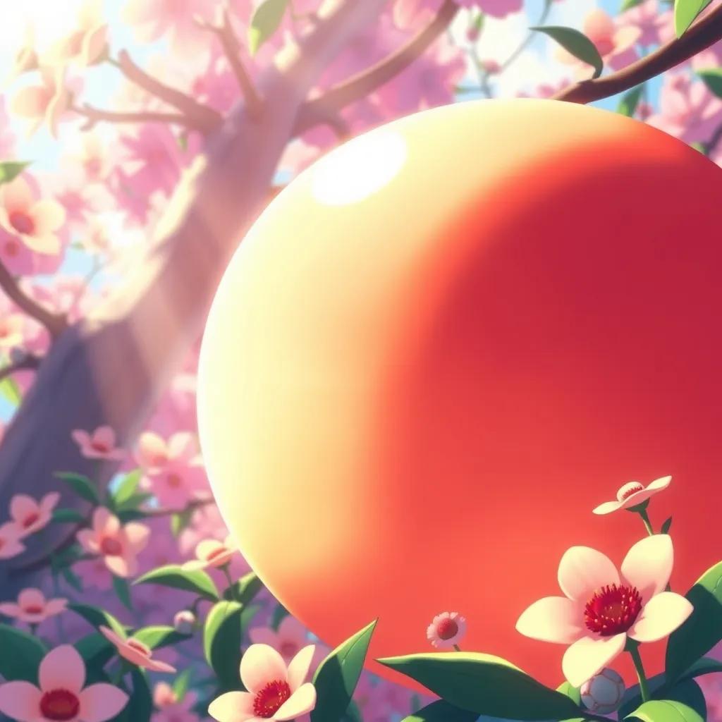 A close-up of a giant peach, round and shiny, glowing in the sunlight, with sweet-smelling flowers around it, digital art, cheerful and inviting atmosphere.