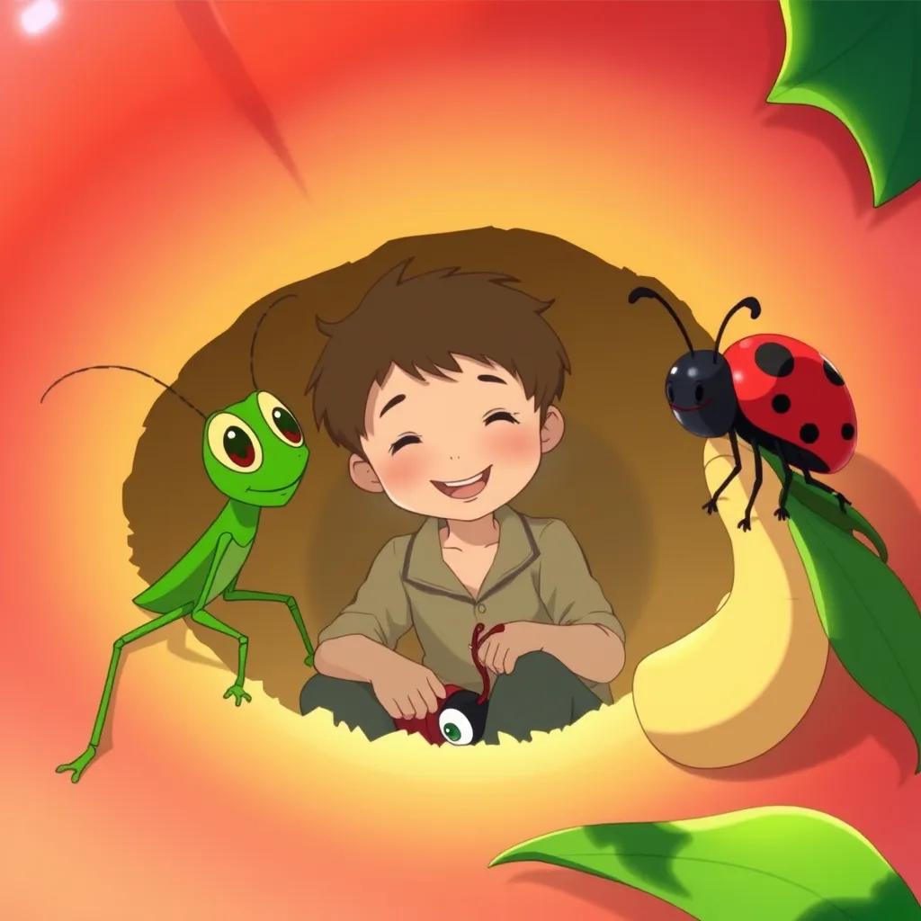 A grasshopper, a worm, and a ladybug gathered around a young boy inside a giant peach, smiling and chatting, bright colors, digital art, friendly and fun atmosphere.