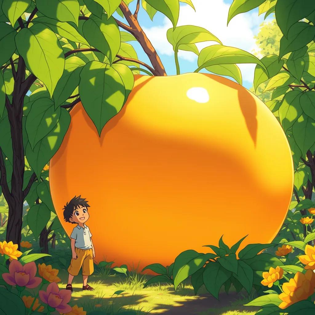 A giant, golden peach growing in a sunny garden, with James happily standing near it. The peach is enormous with a shiny surface, surrounded by green leaves, digital art, vibrant, playful style.