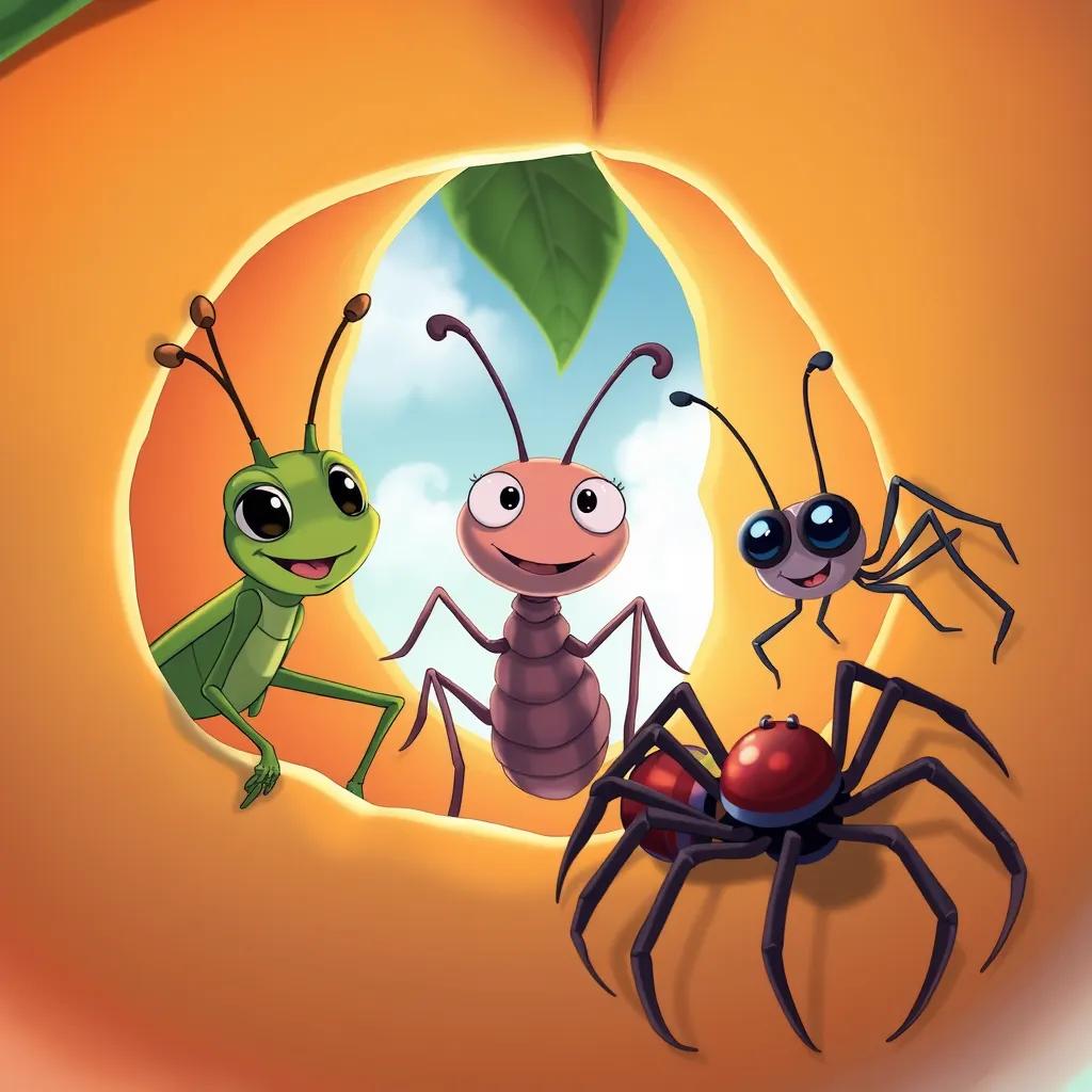 Inside the giant peach, three friendly bugs are smiling at James. A friendly grasshopper, a cheerful centipede, and a kind spider, all looking cute, digital art, colorful, inviting, sharp focus.