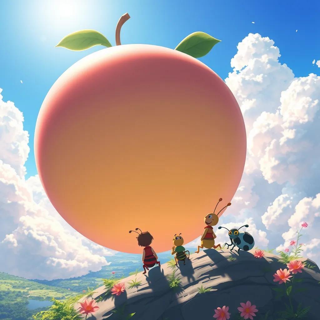 A magical scene of the peach floating high in the sky with clouds around. James and his bug friends are joyfully looking at the beautiful view below, digital art, bright sky, amazing landscape.