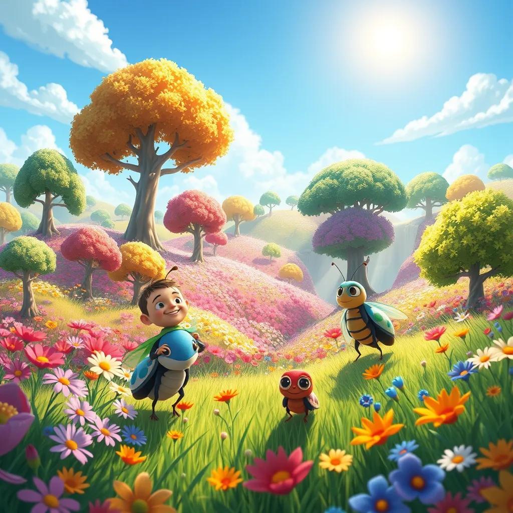 A stunning land with colorful flowers and trees, where James and his bug friends are exploring. They look happy and free, with a bright sun shining down, digital art, whimsical, playful.