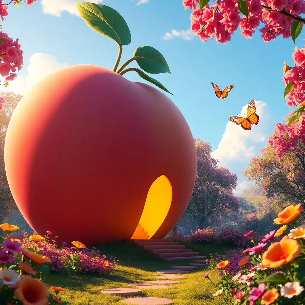 A giant peach with a door on its side, surrounded by a colorful garden with flowers and butterflies, glowing under the sun, inviting and magical, detailed digital art, bright colors, imaginative scene, storytelling perspective, high quality
