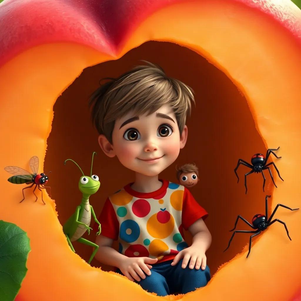 Inside a giant peach, James, a young boy with brown hair wearing a colorful t-shirt, surrounded by friendly bugs: a witty grasshopper, a gentle ladybug, and a clever spider, bright colors, adventurous scene, inviting atmosphere, high quality