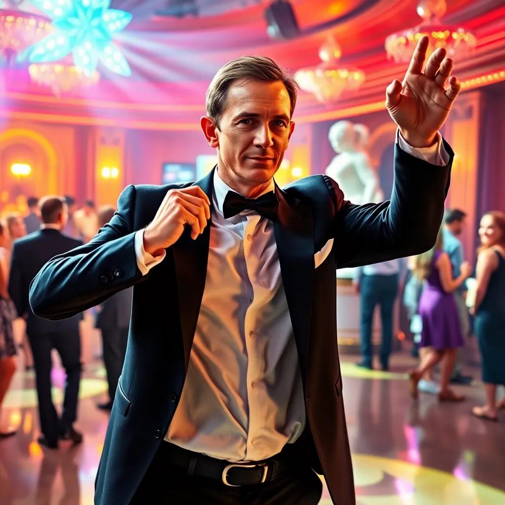 James Bond, a dashing man in a sharp black suit, dancing confidently in a vibrant club with colorful lights and happy people, digital art, lively atmosphere, warm and exciting colors, action-packed view, high quality