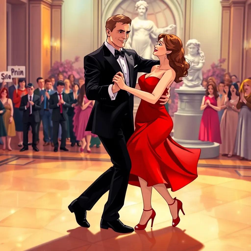 James Bond, a dashing man in a sharp black suit, twirling with Mia, a beautiful girl in a bright red dress, on the dance floor, surrounded by cheering crowd, illustration, joyous moment, bright colors, warm lighting, heartwarming