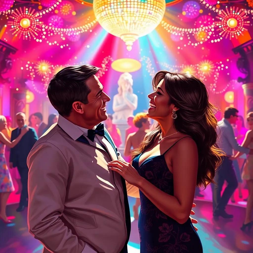 James Bond and Mia, in the middle of the dance floor, sharing a laugh under sparkling disco lights, filled with energy and joy, digital painting, colorful scene, upbeat ambiance, high quality