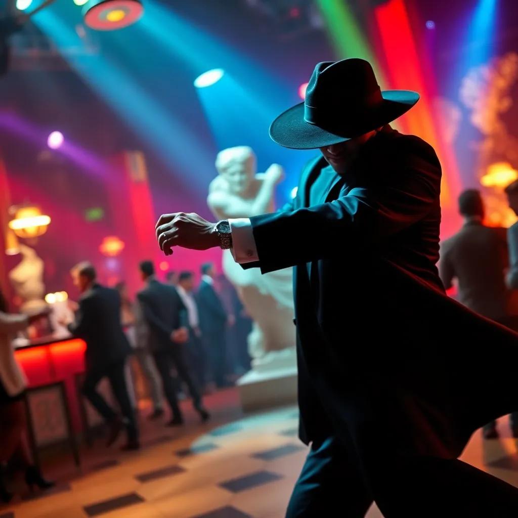 James Bond, swiftly dodging a shadowy figure in a black hat while dancing, the club is still buzzing around him, with colorful lights swirling, digital art, thrilling moment, dramatic colors, high quality