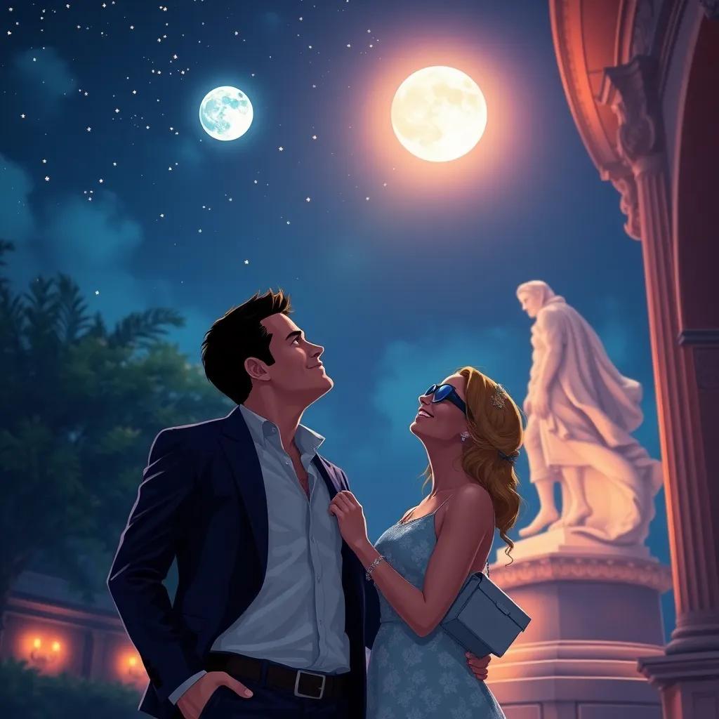James Bond and Mia, outside the club, looking up at the starry sky, with a moonlit glow, smiling and ready to dance again, illustration, peaceful scene, cool colors, dreamy atmosphere, charming
